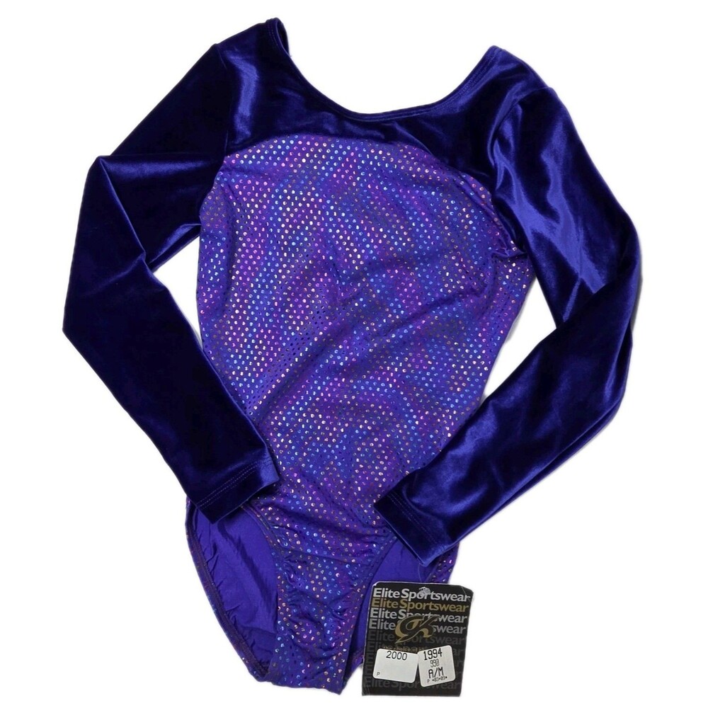 GK Elite VTG Purple Rainbow Pixelated LS Velvet Sleeves Scoop Leotard AM Adult M